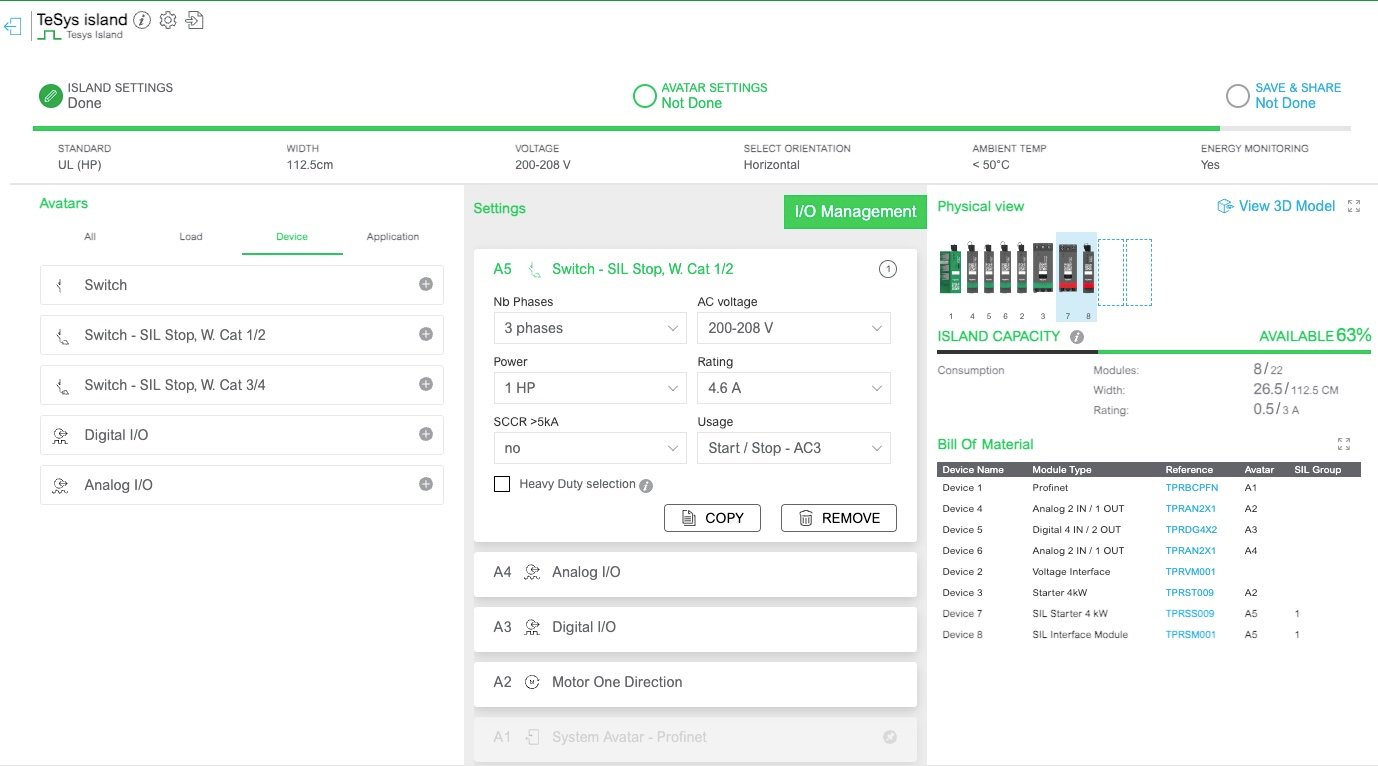 Capture d'écran de l'outil de configuration en ligne du système TeSys island de Schneider Electric