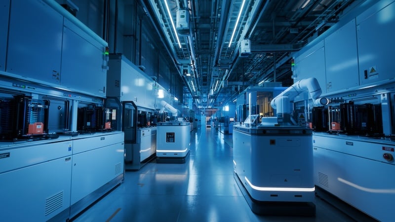 Les systèmes robotiques fonctionnent à l'intérieur d'une usine de semi-conducteurs assombrie