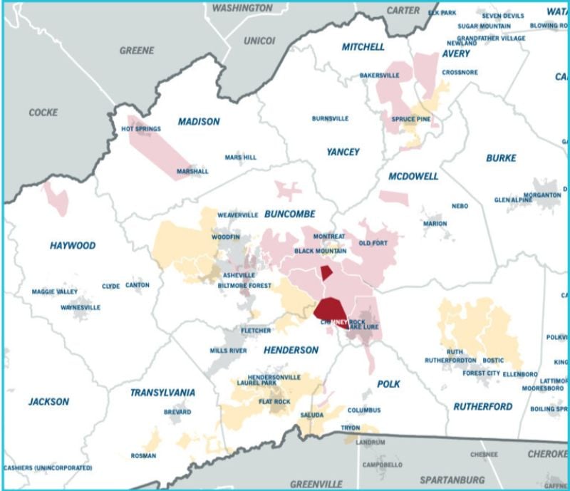 Hélène a endommagé les lignes électriques de Duke Energy en Caroline du Nord. Jaune : zone de réparation complexe. Rouge : zone de reconstruction post-catastrophe.
