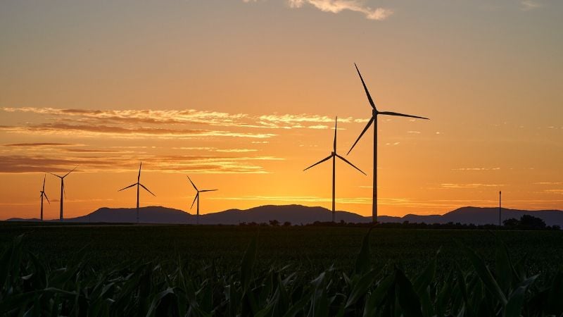Turbines éoliennes au coucher de soleil.